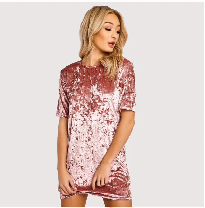 designer-inspired Mimi dresses for luxury on a budgetSpring Summer Pink Velvet Dress Women Short Sleeve Casual Mini Bodycon Dress Solid Color Soft Sexy Ladies Dresses