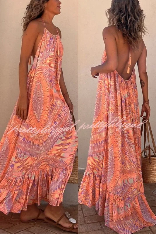 maxi dresses with appliquésSunita Ethnic Print A-line Halter Tassel Vacation Maxi Dress