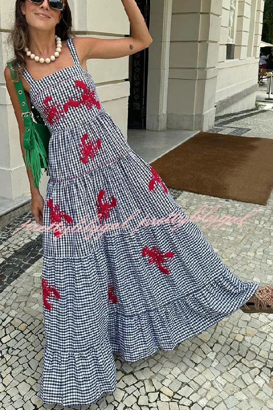 floral print maxi dressesFunny Summer Plaid Lobster Print Square Neck Layered Maxi Dress