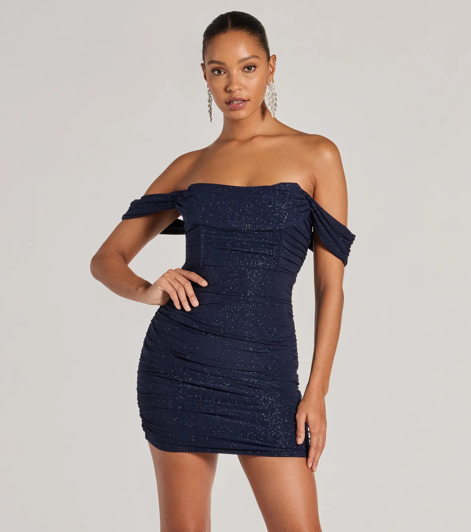 classic yet trendy Mimi dresses for timeless styleGlimmer Babe Glitter Off-The-Shoulder Mini Dress