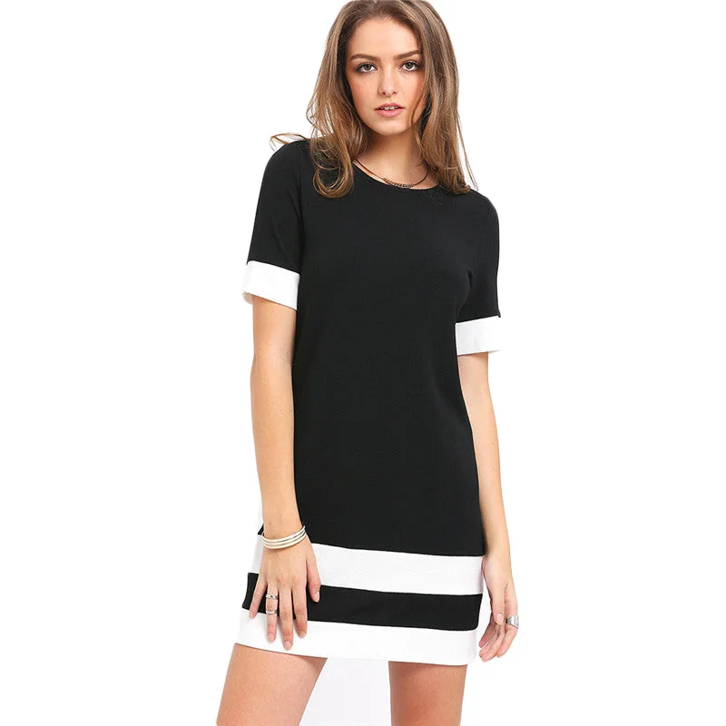 xx-large floral Mimi dresses for full-figured womenLadies Color Block Casual Mini Dresses New Autumn Style Black White Patchwork Crew Neck Short Sleeve Shift Dress