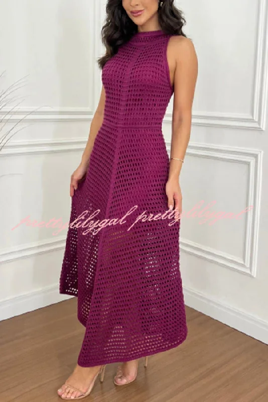 maxi dresses with spaghetti strapsViolet Crochet Knit Round Neck Texture A-line Maxi Dress