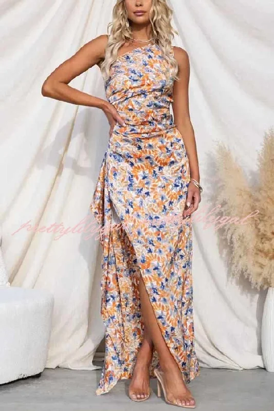 maxi dresses for college studentsIntense Love Floral One Shoulder Asymmetrical Ruffle Trim Maxi Dress