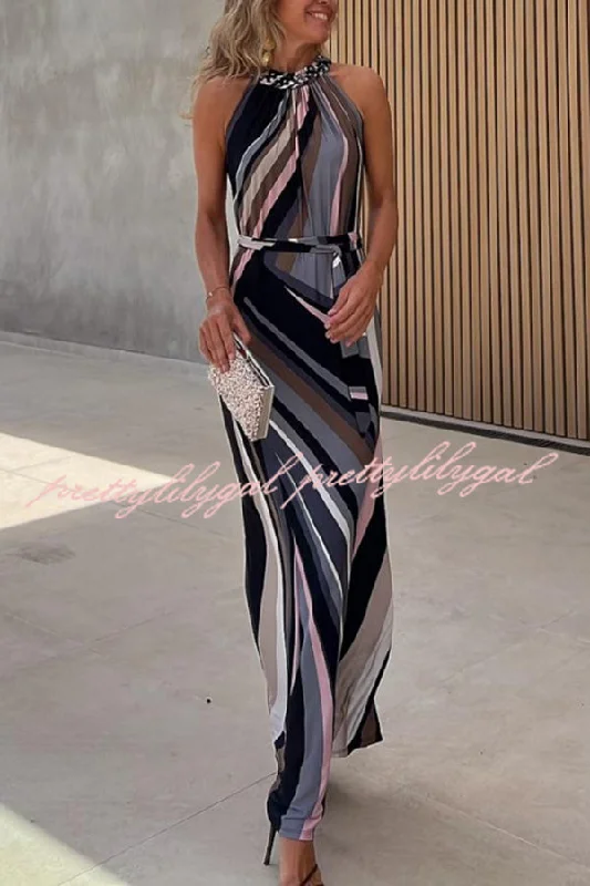 maxi dresses for partiesFlowing Elegance Colored Lines Printed Belt Halter Maxi Dress