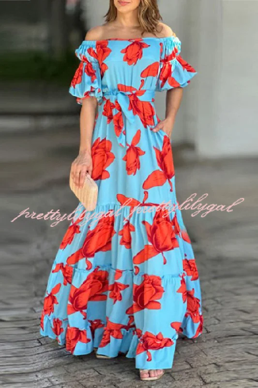 maxi dresses for casual FridaysFloral Print Waist Belted Slim Fit Off The Shoulder Maxi Dress