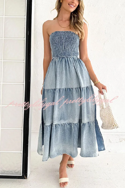 lace maxi dressesAsmn Off Shoulder Pleated Pocket Paneled Denim Maxi Dress