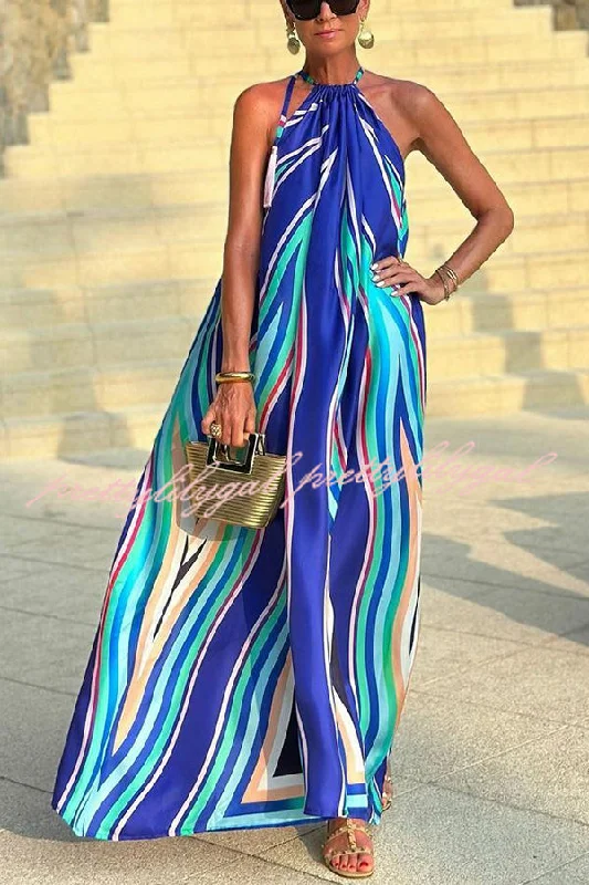 maxi dresses with cinched waistsPhuket Dinner Colorful Wave Print Tassel Halter Maxi Dress