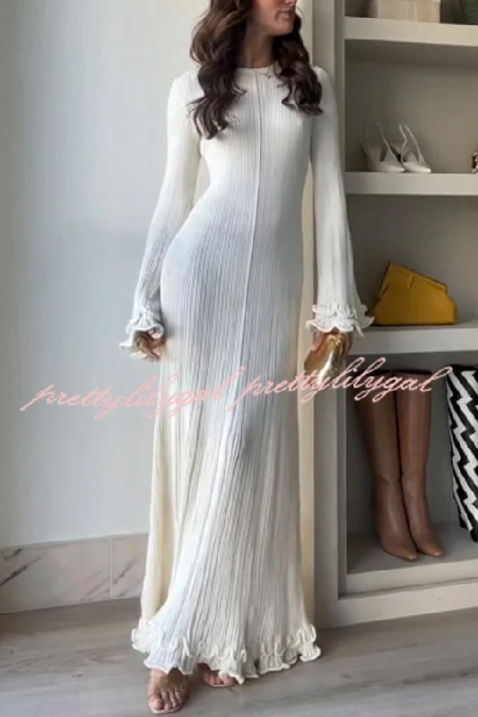 maxi dresses for formal eventsClara Pleated Fabric Wavy Edges Bell Sleeve Tie-back Stretch Maxi Dress