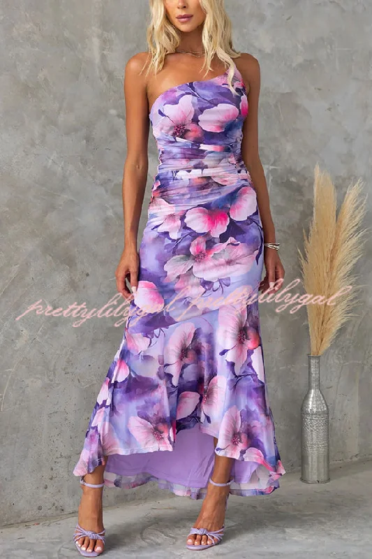 maxi dresses with adjustable strapsDeja Mesh Overlay Floral Print One Shoulder Ruched Stretch Maxi Dress