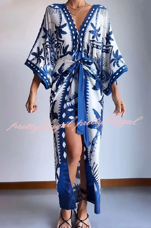 maxi dresses with lace overlaysChic Palm Tree Ethnic Print Fake Two Piece Lace Up Maxi Dress