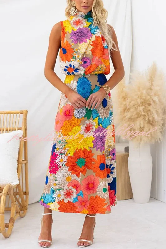 maxi dresses for officeLand of Beauty Floral Print Halter Neck Elastic Waist Party Maxi Dress