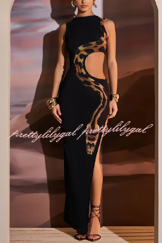 maxi dresses with high slitsWild Charm Snake Pattern Cut Out Detail Slit Stretch Maxi Dress