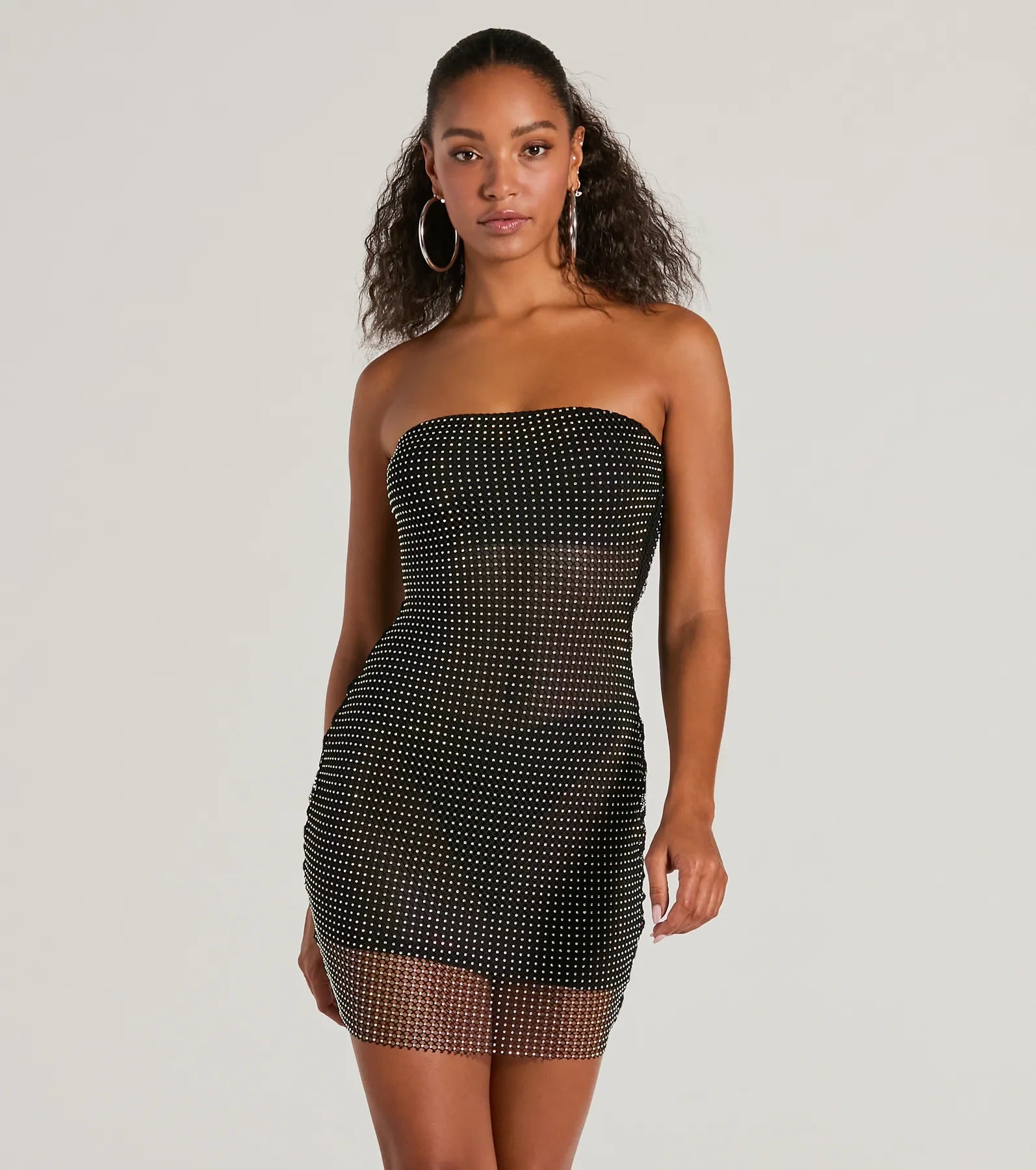 black and white Mimi dresses for timeless chicDancing Babe Strapless Rhinestone Fishnet Mini Dress