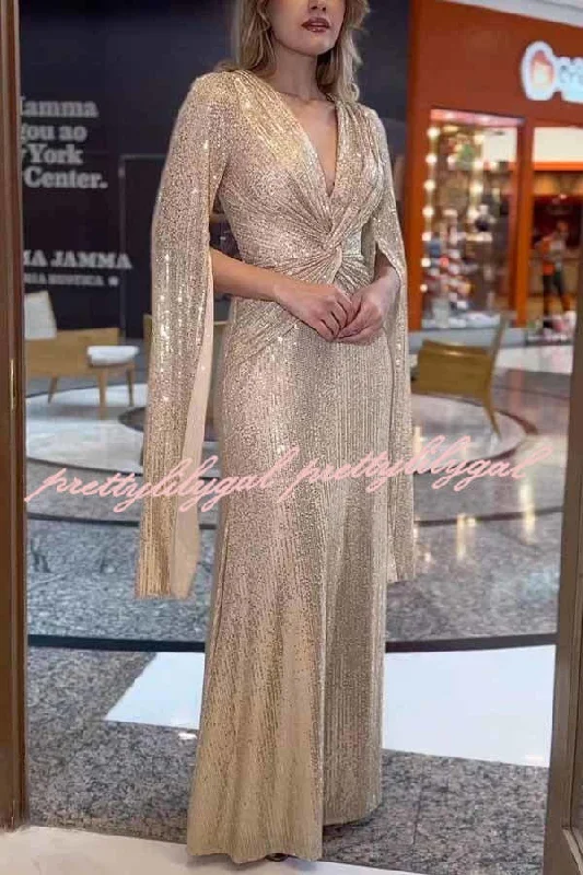 maxi dresses with appliquésShine Brighter Sequin Cape Sleeve Cross Waist Evening Maxi Dress