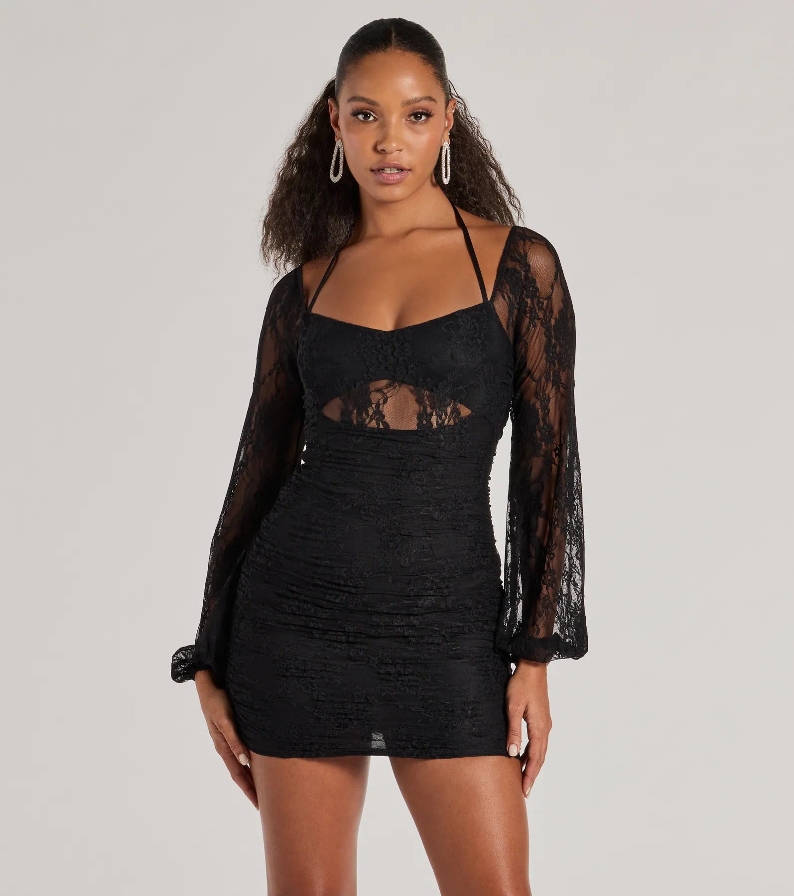 classic yet trendy Mimi dresses for timeless styleHere To Allure Sheer Lace Long Sleeve Mini Dress