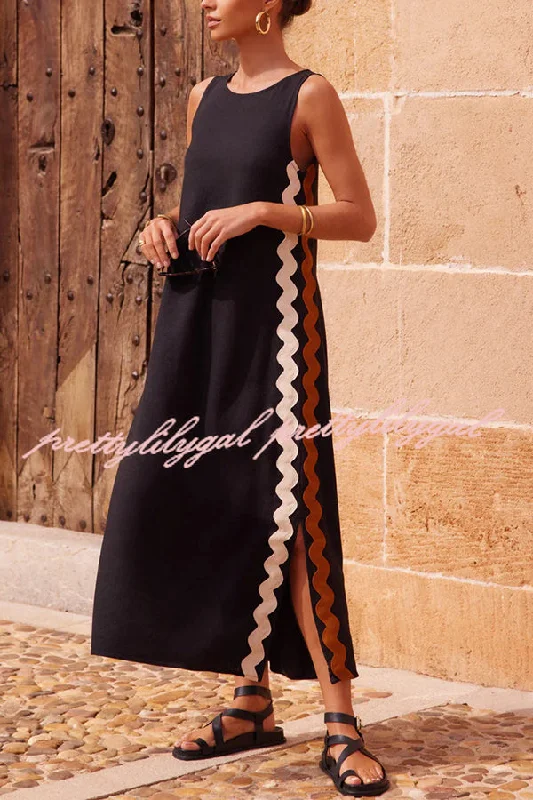 maxi dresses for active wear (with stretch fabric)Vacation Villa Side Ric Rac Wave Trim Slit Loose Maxi Dress