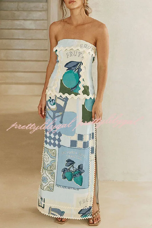 maxi dresses with pleatsAntonella Ric Rac Trims Unique Print Off Shoulder Slit Maxi Dress