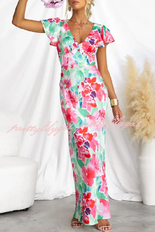 maxi dresses for mother of the brideSay I Do Satin Floral Print Cap Sleeves Maxi Dress