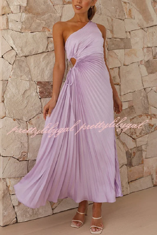 satin maxi dressesCharming One Shoulder Lace Up Cutout Pleated Maxi Dress