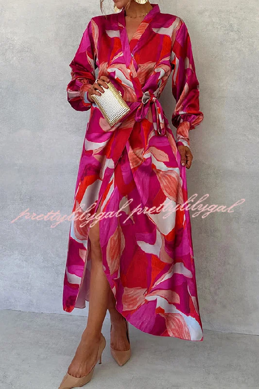 floral maxi dressesUnique Printed Long Sleeve V-neck Tie-up Waist Slit Maxi Dress