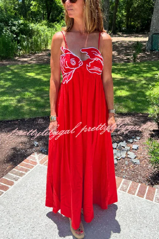 maxi dresses for all seasons and occasionsRed Fish Embroidered Sling Backless Maxi Dress