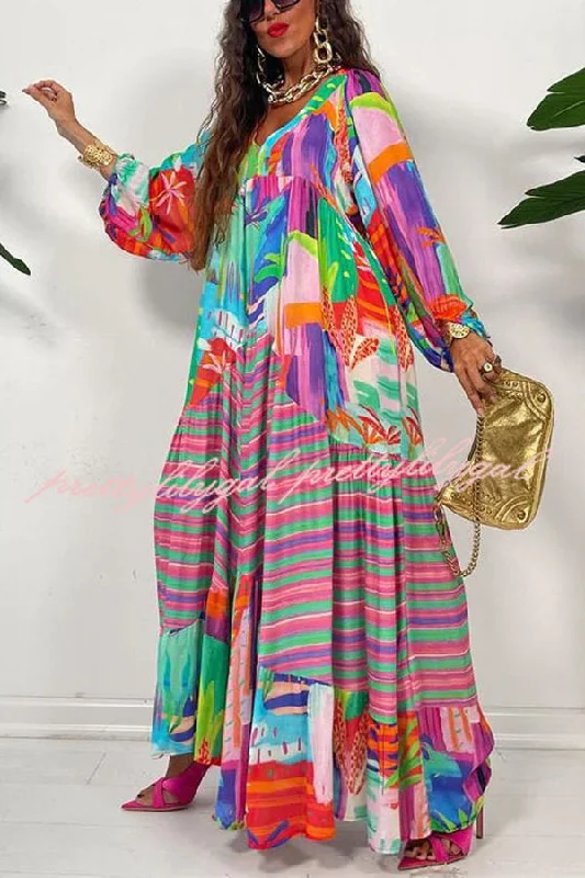 maxi dresses for tall womenBloom with A View Colorful Geometric Swing Maxi Dress