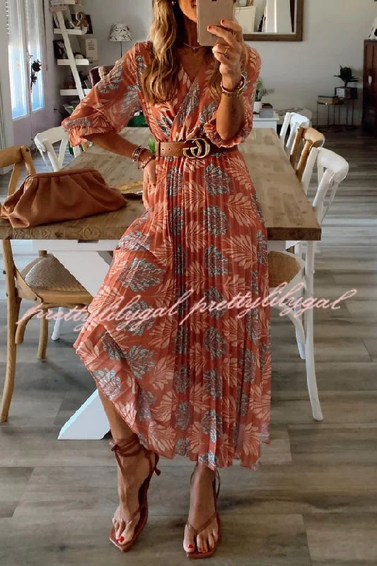 maxi dresses for plus sizeBotanical Print Pleated Long Sleeved Maxi Dress