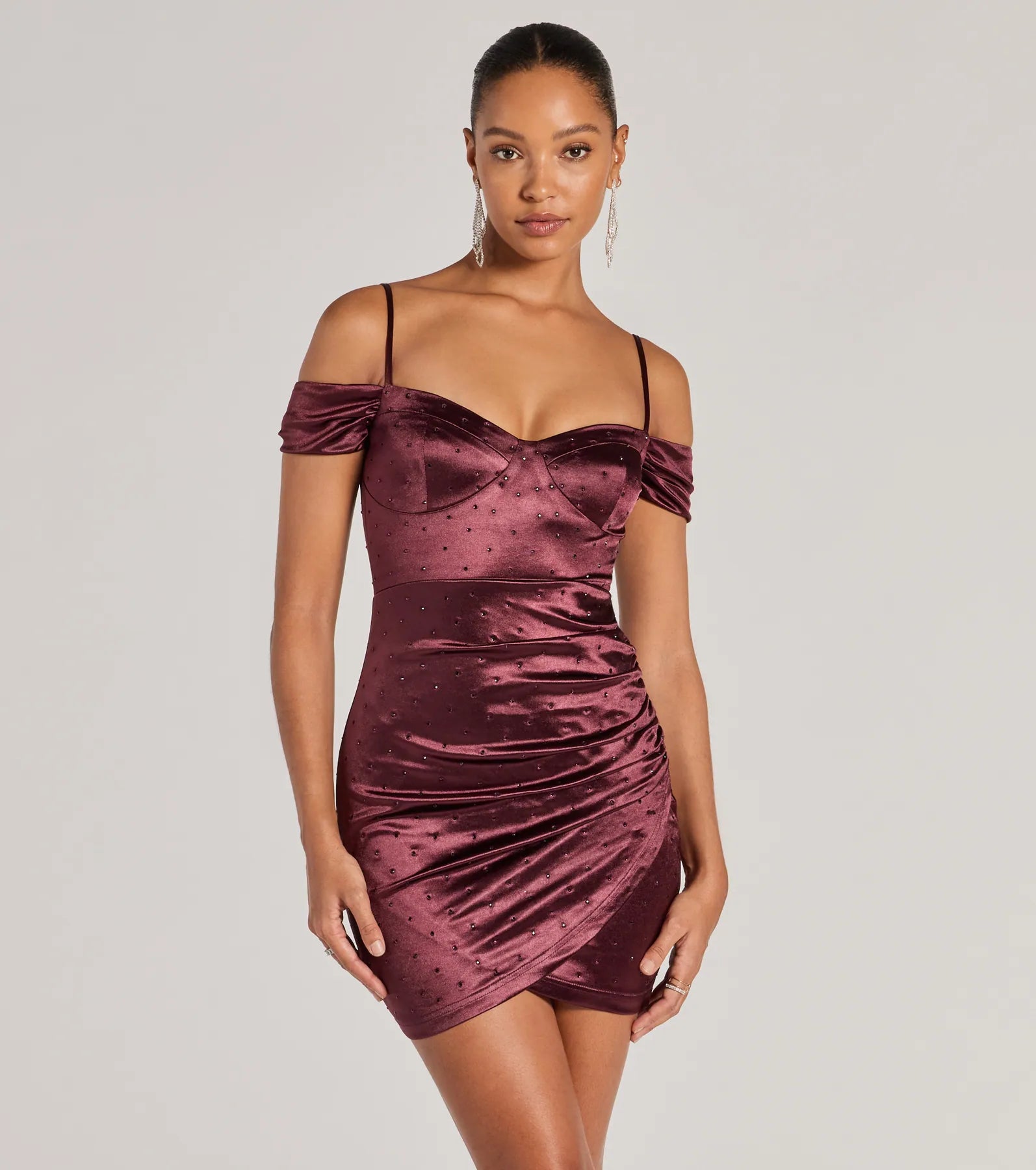 discount Mimi dresses outletLuxe Cold-Shoulder Rhinestone Satin Mini Dress