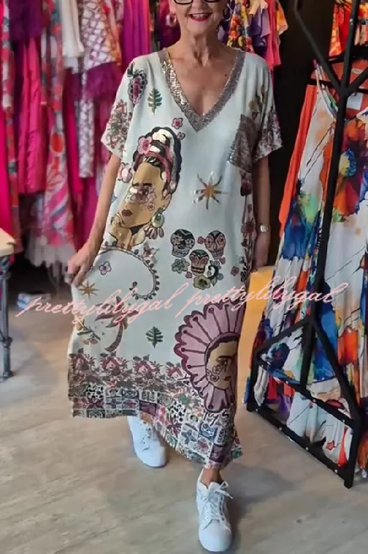 affordable maxi dressesFashion Printed V-neck Short-sleeved Casual Loose Maxi Dress