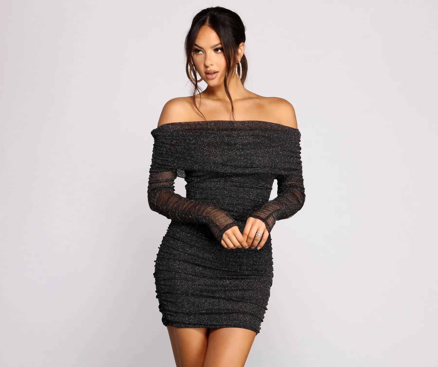 chic and comfortable Mimi dresses for all-day wearShimmer Nights Off the Shoulder Glitter Mini Dress