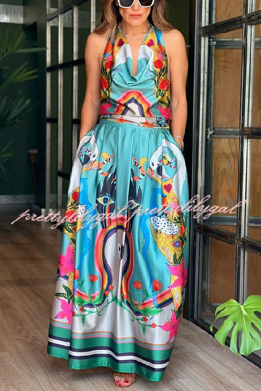 maxi dresses for boat ridesEvangeline Satin Unique Print Back Tie-up Pocket Halter Maxi Dress