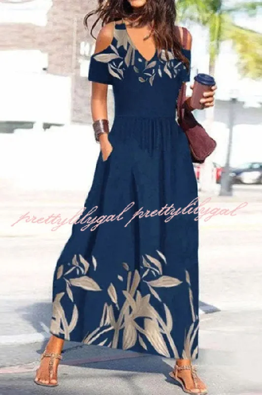 maxi dresses under $50Ayden Plants Print Cold Shoulder Pocketed Flared Maxi Dress