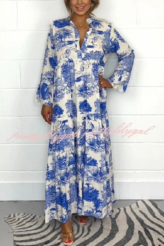 maxi dresses for cocktail partiesBotanical Print Casual V-neck Trumpet Sleeve Maxi Dress