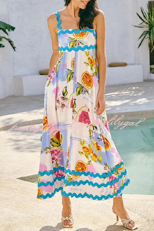 maxi dresses for pool partiesVivi Fruit Floral Print Wave Pocket Maxi Dress