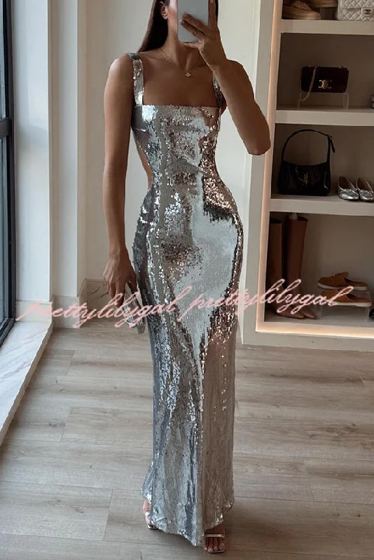 maxi dresses with sweetheart necksEye Catching Sequin Cutout Waist Wide Strap Bacakless Maxi Dress