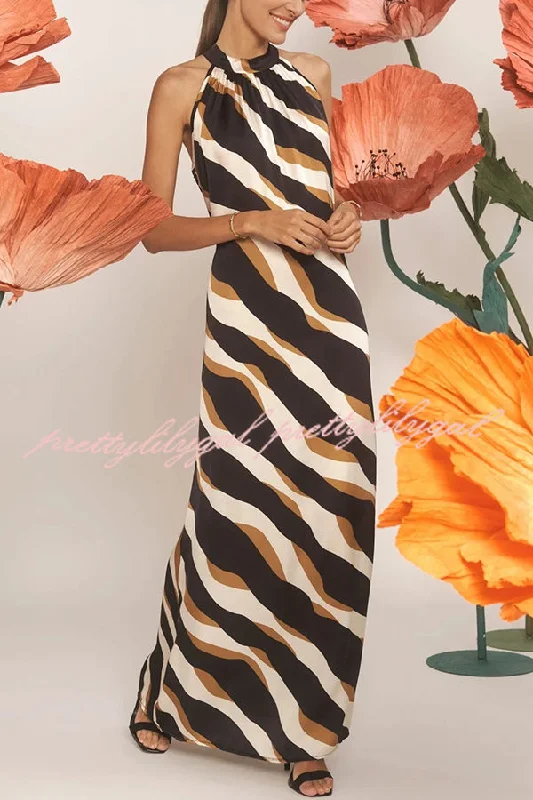 maxi dresses for autumnUptown Cafe Satin Color Block Print Tie-up Neck Maxi Dress