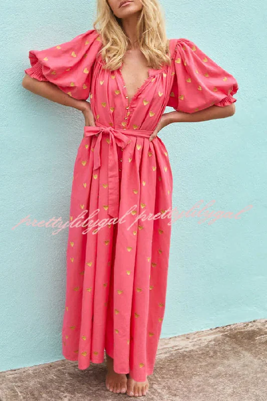 maxi dresses for garden partiesValentine's Day Gold Heart Print Puff Sleeve Button Pocketed Loose Maxi Dress