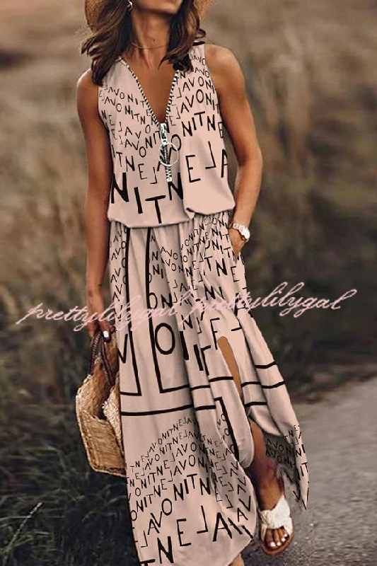 maxi dresses with off-the-shoulder necksFashion Modern Letter Print Zipper Neck Daily/Vacation Maxi Dress