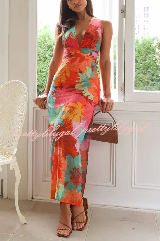 maxi dresses with cold-shoulder cutsUnique Printed V-neck High Waisted Slit Maxi Dress