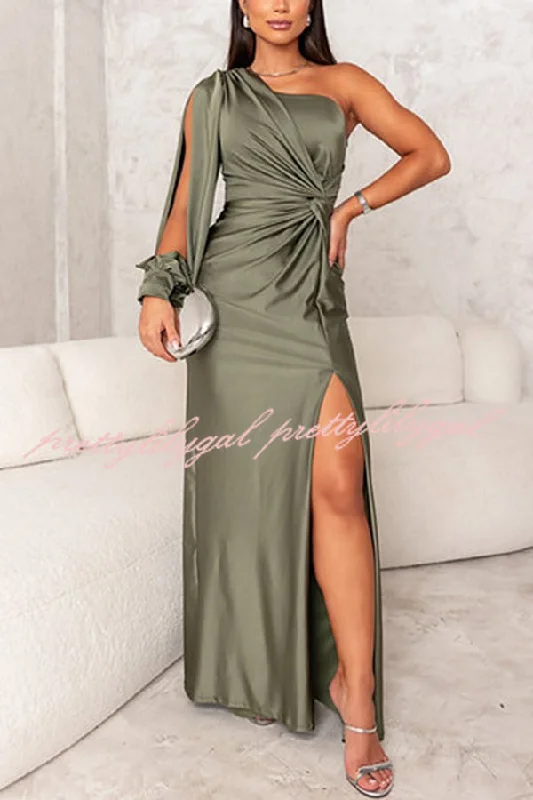 maxi dresses for college studentsCountry Party Charm Satin One Shoulder Twist Detail Slit Maxi Dress