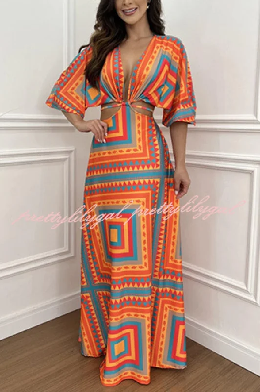 maxi dresses with thigh-high slitsWilma Unique Print Cutout Elastic Waist Tie-up Kimono Sleeve Maxi Dress