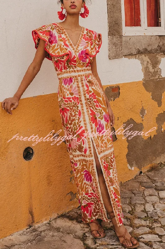 maxi dresses for bridesmaidsUnique Printed V-neck Open Back Ruffled Sleeves Slit Maxi Dress