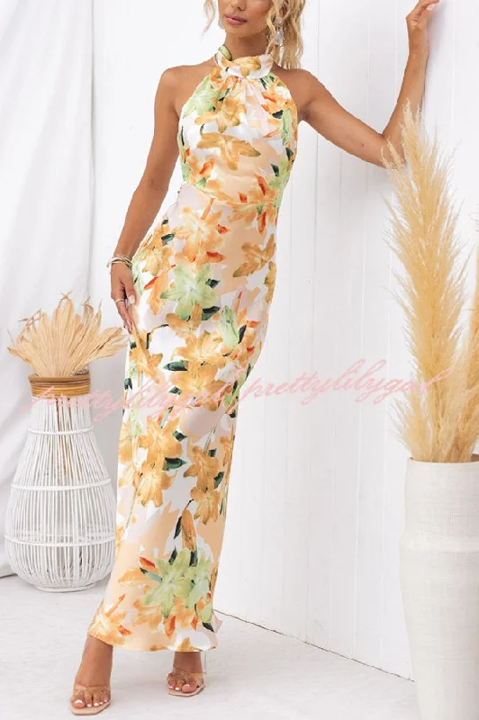 maxi dresses for semi-formal eventsHappier Now Satin Floral Halter Maxi Dress