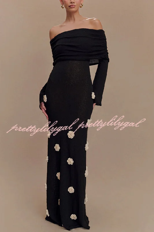 maxi dresses with high necklinesTimeless Sophistication Knit Off Shoulder Rose Detail Stretch Maxi Dress