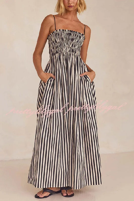 maxi dresses with sequined detailsMariela Stripe Smocked Bust Pocketed Slip Loose Maxi Dress