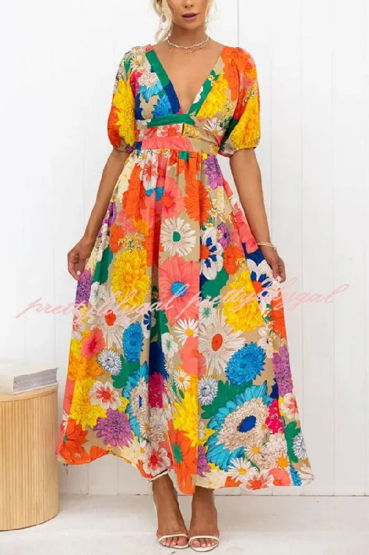 maxi dresses for day-to-night wearFloral Frenzy Printed Puff Sleeve Back Smocked Maxi Dress