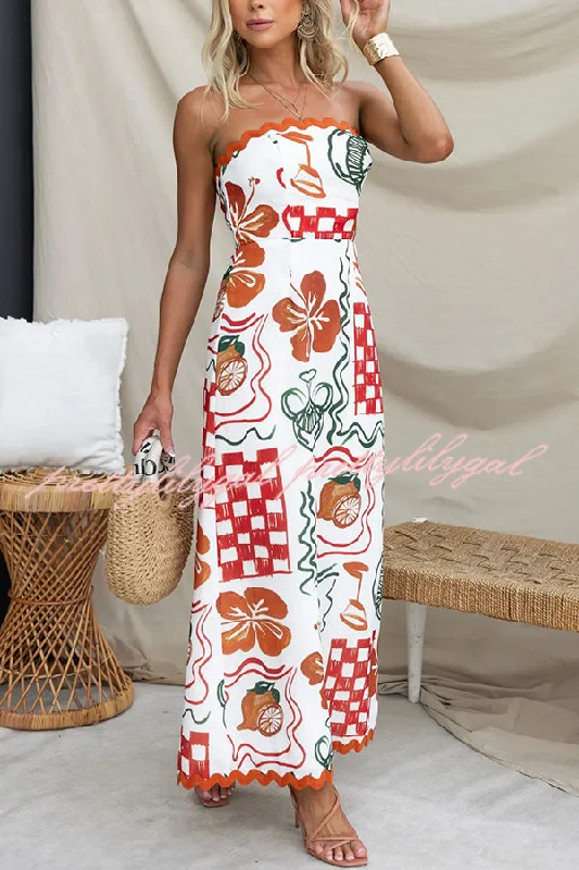 maxi dresses for springCypress Unique Print Ric Rac Trim Back Smocked Strapless Maxi Dress