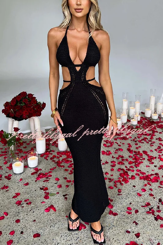 maxi dresses for casual FridaysEffortlessly Cool and Sexy Knit Crochet Cutout Halter Tie-up Stretch Maxi Dress