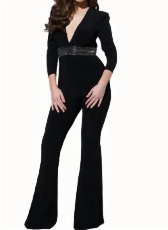 women's zipper pantsBeaded Waistline Jumpsuit In Black