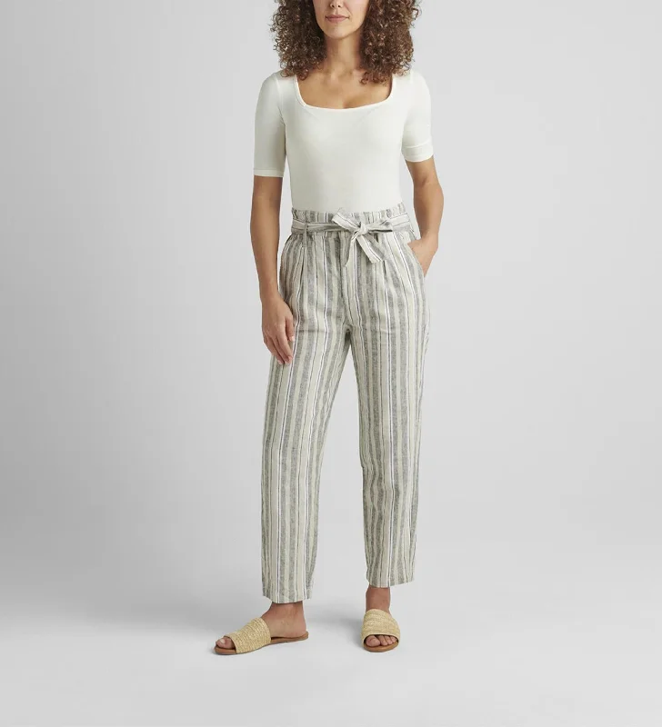 women's casual pantsBelted Pleat High Rise Tapered Leg Pant In Linen Stripe